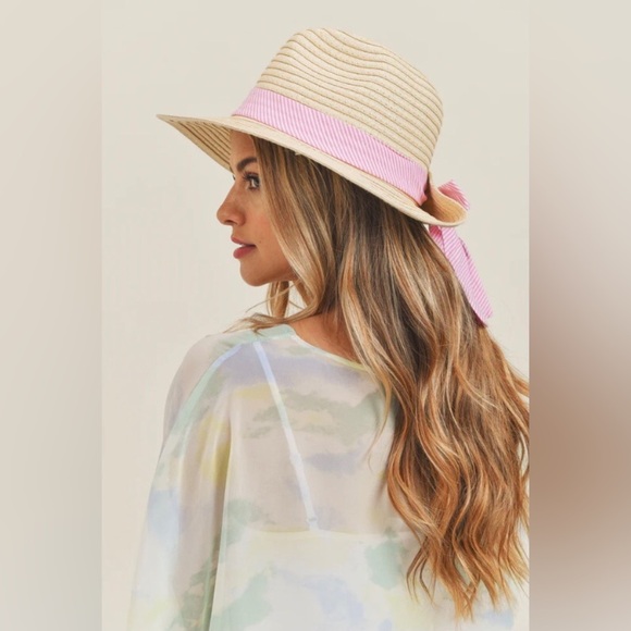 Styline Women’s Light Beige Folded Straw Panama Hat with Pink Striped Band & Bow - Picture 2 of 8